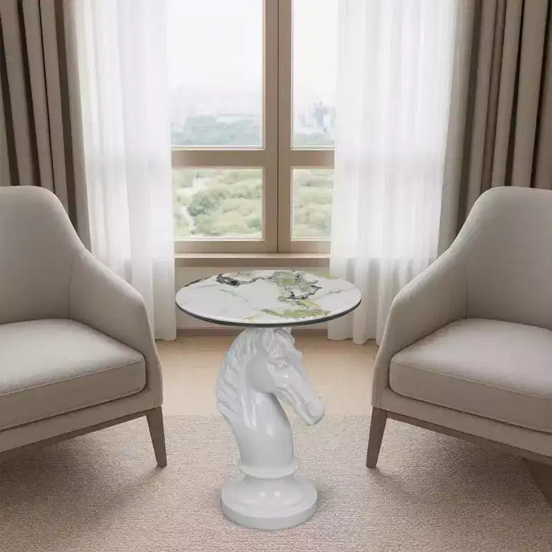 Mesa auxiliar con cabeza de caballo blanco, mesa auxiliar con estatua de animal para sala de estar