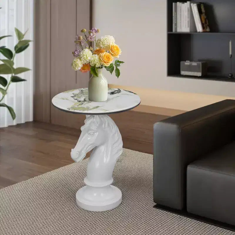 Mesa auxiliar con cabeza de caballo blanco, mesa auxiliar con estatua de animal para sala de estar