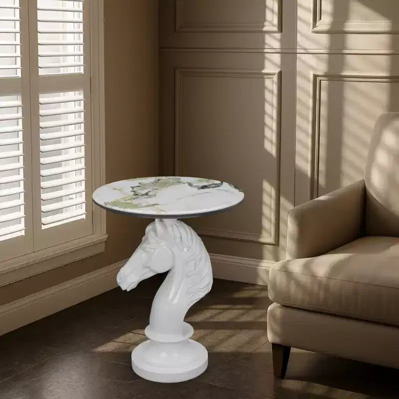 Mesa auxiliar con cabeza de caballo blanco, mesa auxiliar con estatua de animal para sala de estar