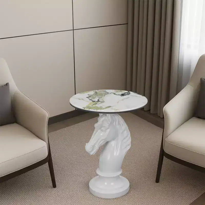Mesa auxiliar con cabeza de caballo blanco, mesa auxiliar con estatua de animal para sala de estar
