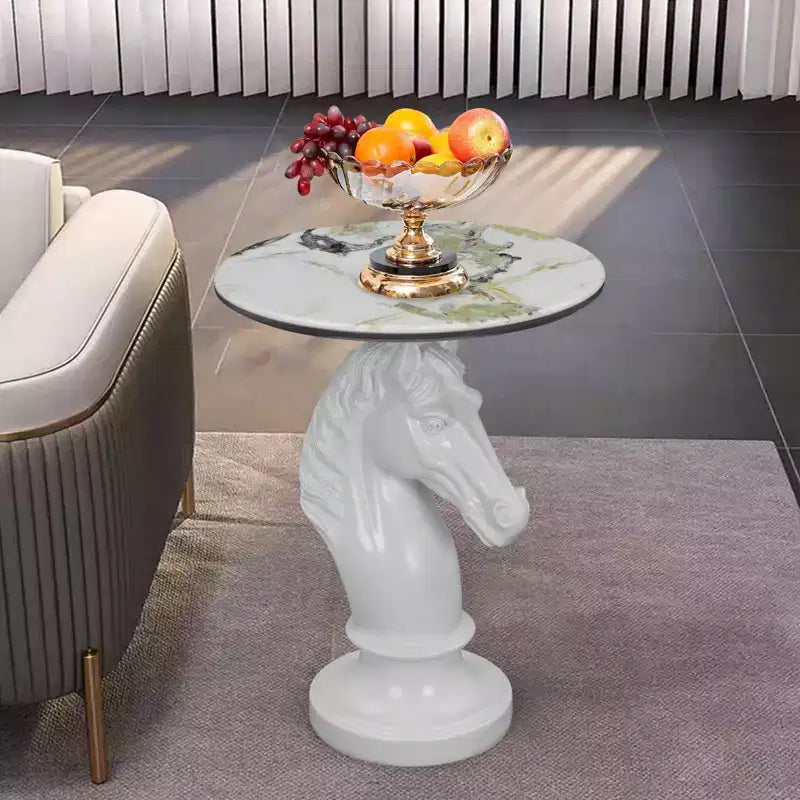 Mesa auxiliar con cabeza de caballo blanco, mesa auxiliar con estatua de animal para sala de estar