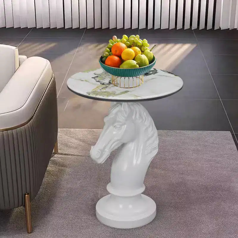 Mesa auxiliar con cabeza de caballo blanco, mesa auxiliar con estatua de animal para sala de estar