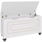 Modern Wooden Entryway Storage Bench with Wheels Lift-Top Chest, 2 Safety Hinges, Rounded Corners, 350 lbs Capacity, Shoe and Blanket Trunk, White
