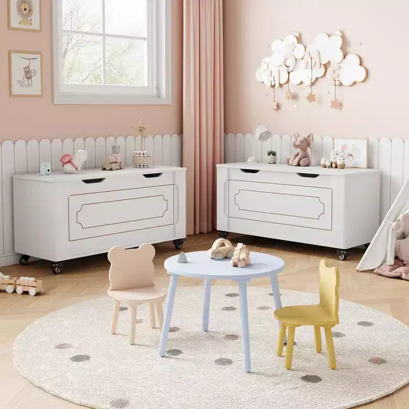 Banco de almacenamiento moderno de madera para entrada con ruedas, arcón con tapa elevable, 2 bisagras de seguridad, esquinas redondeadas, capacidad de 158 kg, baúl para zapatos y mantas, blanco