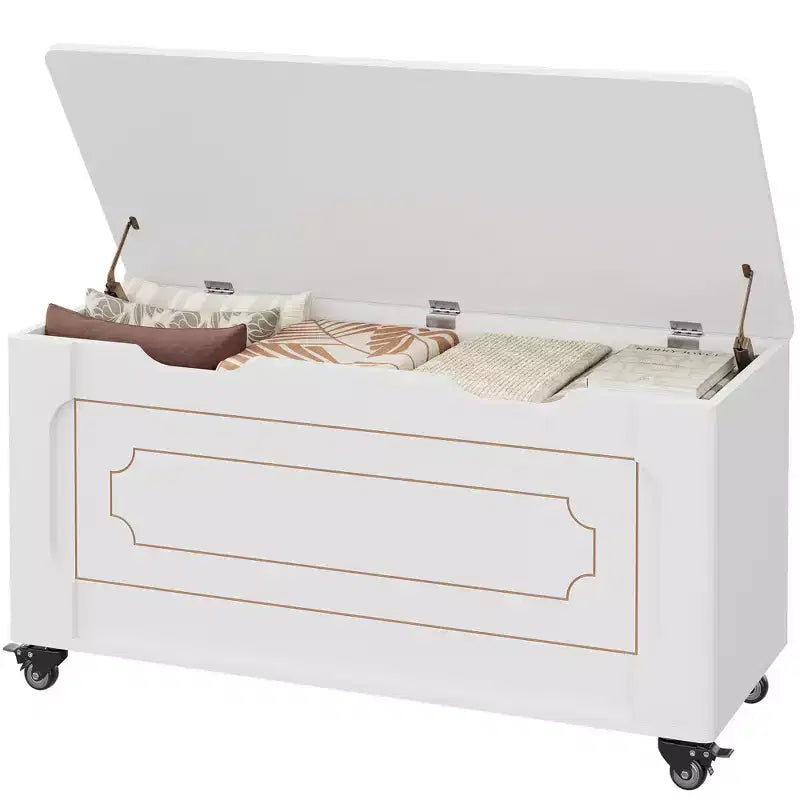 Banco de almacenamiento moderno de madera para entrada con ruedas, arcón con tapa elevable, 2 bisagras de seguridad, esquinas redondeadas, capacidad de 158 kg, baúl para zapatos y mantas, blanco