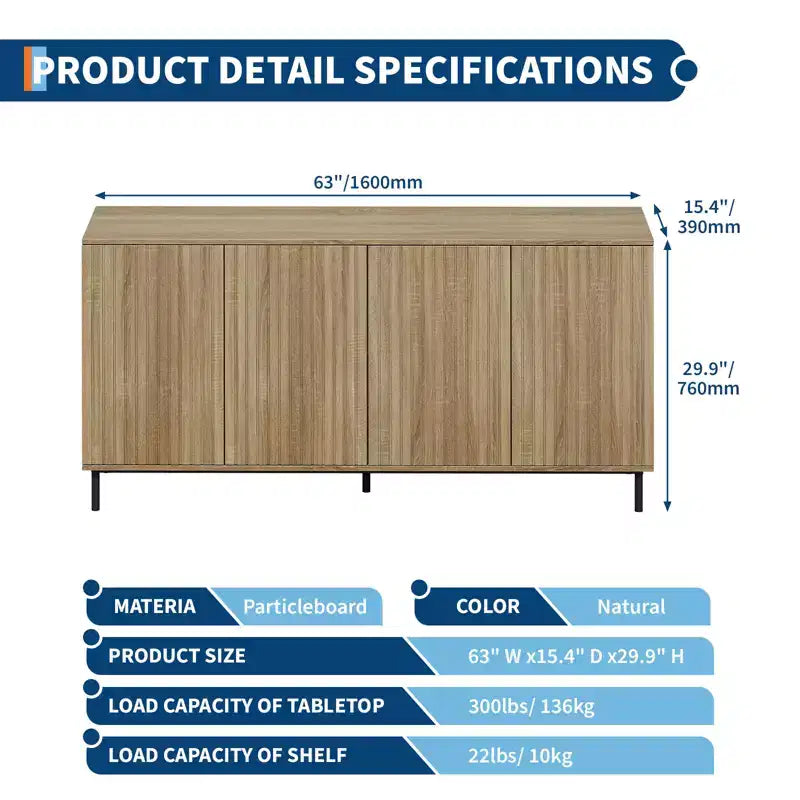 Aparador tipo bufé con 4 puertas, 63 pulgadas, diseño estriado moderno, mueble de almacenamiento tipo credenza para barra de café, mesa consola con estantes ajustables, roble