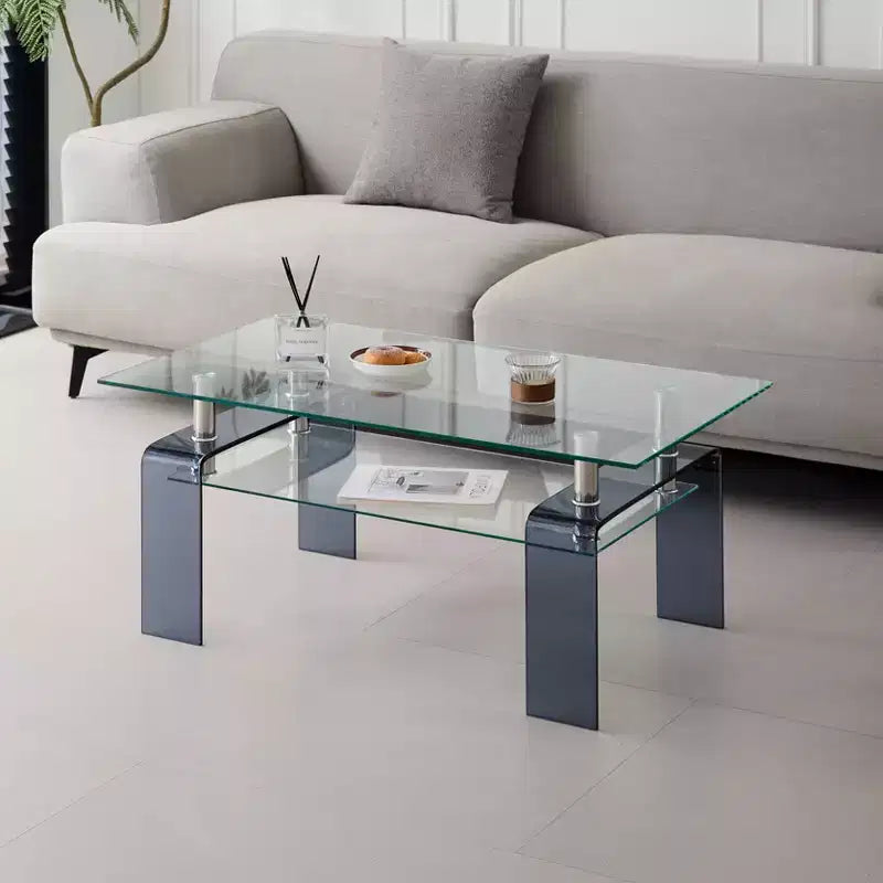 Mesa de centro de cristal templado, mesa de centro moderna de 2 niveles con almacenamiento y patas gris humo para sala de estar