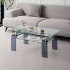 Mesa de centro de cristal templado, mesa de centro moderna de 2 niveles con almacenamiento y patas gris humo para sala de estar