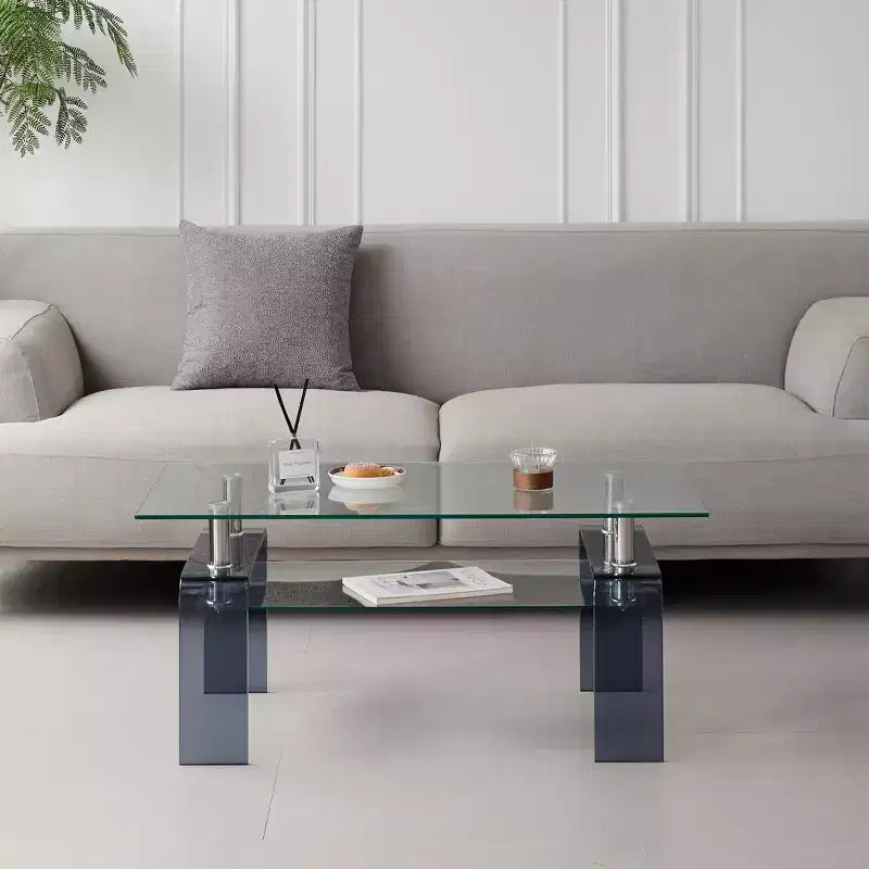 Mesa de centro de cristal templado, mesa de centro moderna de 2 niveles con almacenamiento y patas gris humo para sala de estar