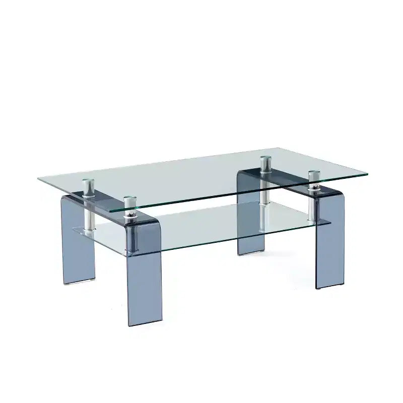 Mesa de centro de cristal templado, mesa de centro moderna de 2 niveles con almacenamiento y patas gris humo para sala de estar