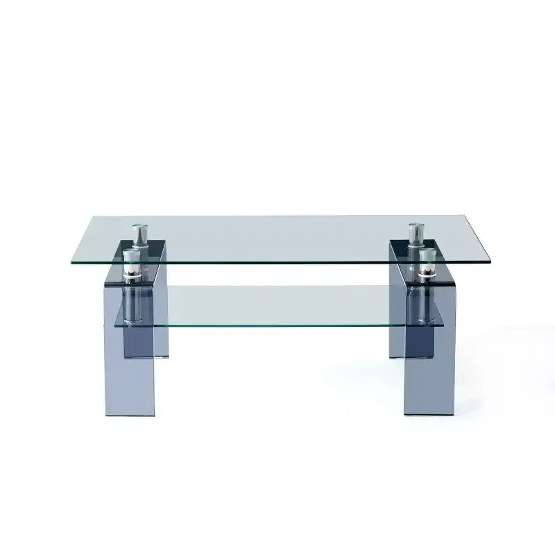 Mesa de centro de cristal templado, mesa de centro moderna de 2 niveles con almacenamiento y patas gris humo para sala de estar