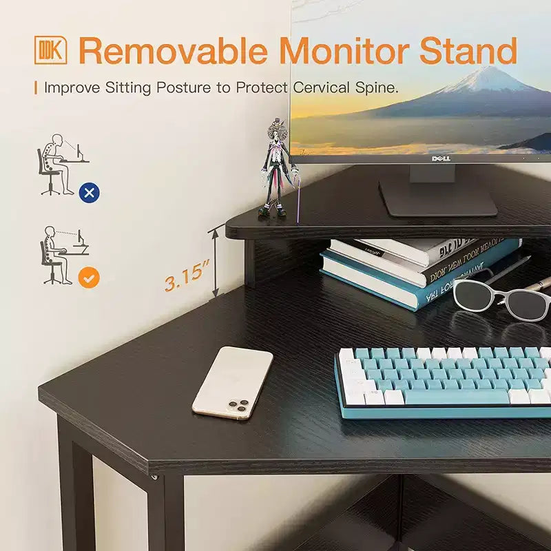 ODK B01XS01379-1 Escritorio esquinero moderno de madera con forma de triángulo, con marco de acero duradero y soporte elevado para monitor, color blanco
