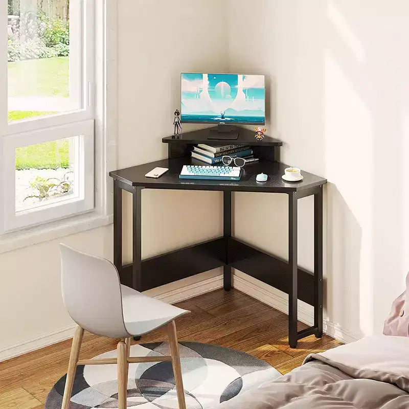 ODK B01XS01379-1 Escritorio esquinero moderno de madera con forma de triángulo, con marco de acero duradero y soporte elevado para monitor, color blanco