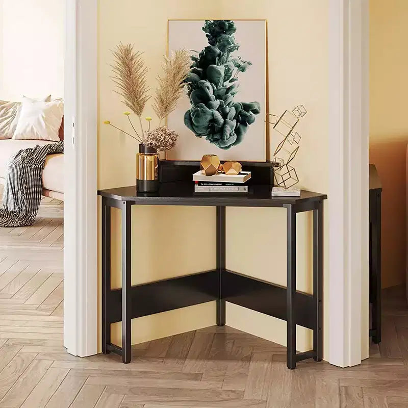 ODK B01XS01379-1 Escritorio esquinero moderno de madera con forma de triángulo, con marco de acero duradero y soporte elevado para monitor, color blanco