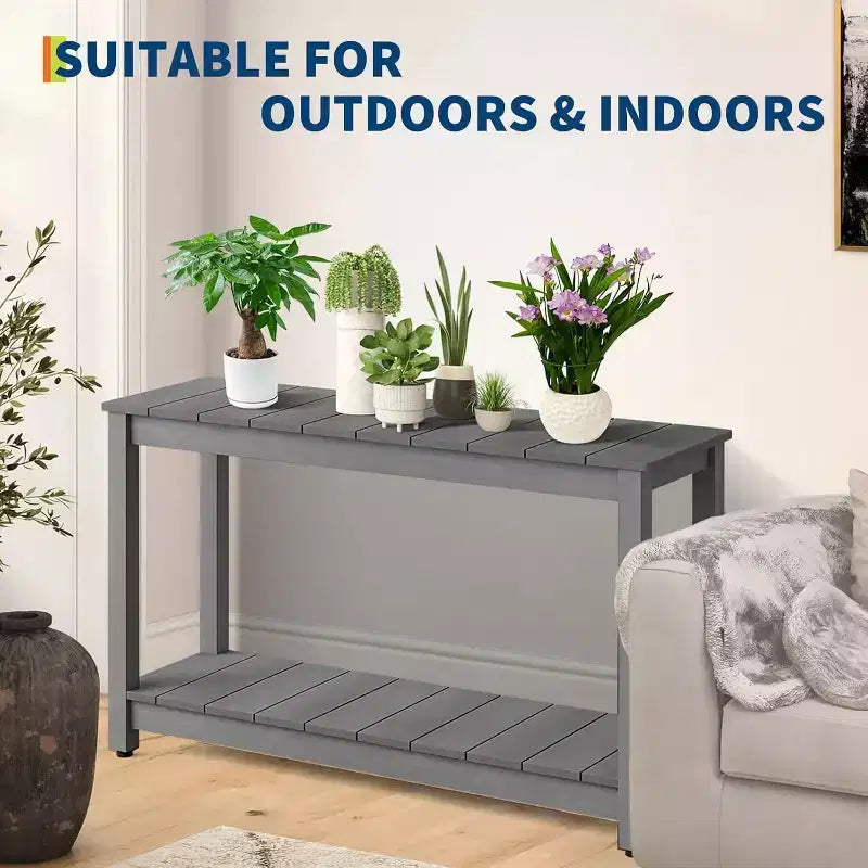 Mesa consola de 48 pulgadas con 2 estantes, almohadilla ajustable para los pies, organizador de almacenamiento de barra de madera, para patio, porche, jardín o patio trasero