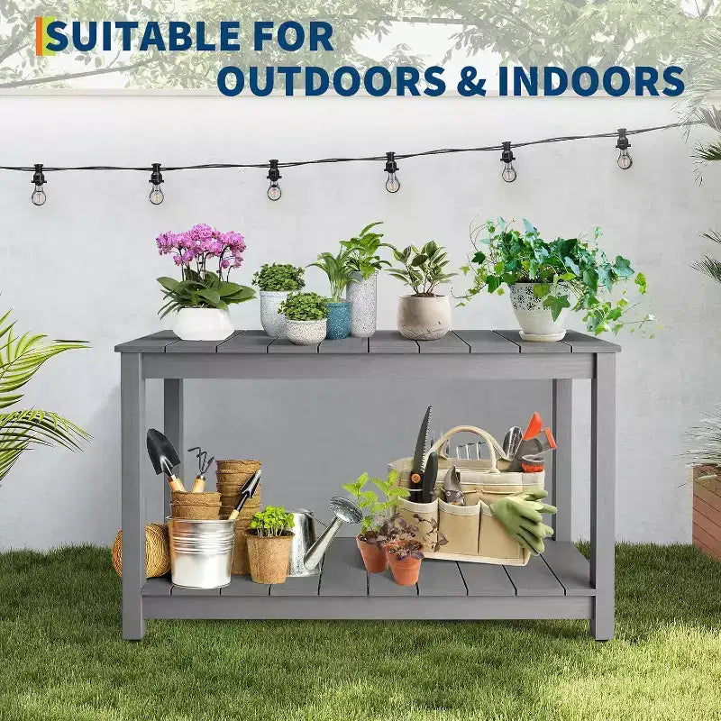 Mesa consola de 48 pulgadas con 2 estantes, almohadilla ajustable para los pies, organizador de almacenamiento de barra de madera, para patio, porche, jardín o patio trasero
