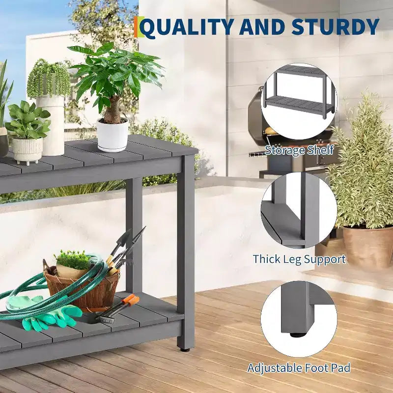 Mesa consola de 48 pulgadas con 2 estantes, almohadilla ajustable para los pies, organizador de almacenamiento de barra de madera, para patio, porche, jardín o patio trasero