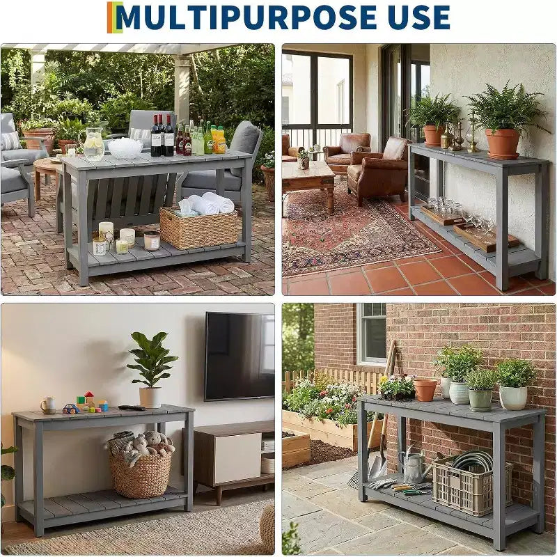 Mesa consola de 48 pulgadas con 2 estantes, almohadilla ajustable para los pies, organizador de almacenamiento de barra de madera, para patio, porche, jardín o patio trasero