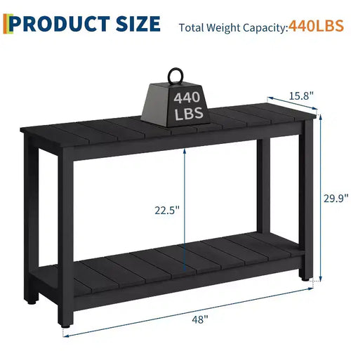 Mesa consola de 48 pulgadas con 2 estantes, almohadilla ajustable para los pies, organizador de almacenamiento de barra de madera, para patio, porche, jardín o patio trasero