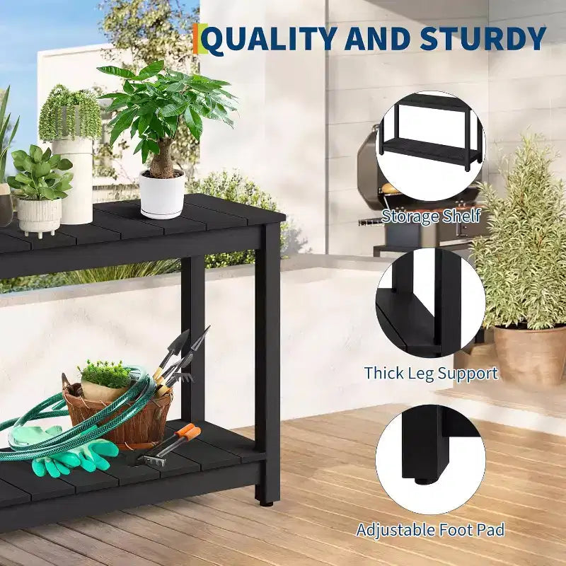 Mesa consola de 48 pulgadas con 2 estantes, almohadilla ajustable para los pies, organizador de almacenamiento de barra de madera, para patio, porche, jardín o patio trasero