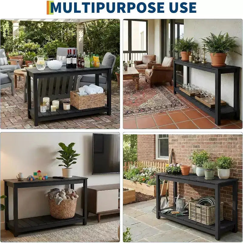 Mesa consola de 48 pulgadas con 2 estantes, almohadilla ajustable para los pies, organizador de almacenamiento de barra de madera, para patio, porche, jardín o patio trasero