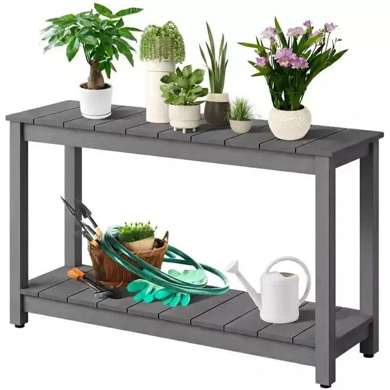 Mesa consola de 48 pulgadas con 2 estantes, almohadilla ajustable para los pies, organizador de almacenamiento de barra de madera, para patio, porche, jardín o patio trasero