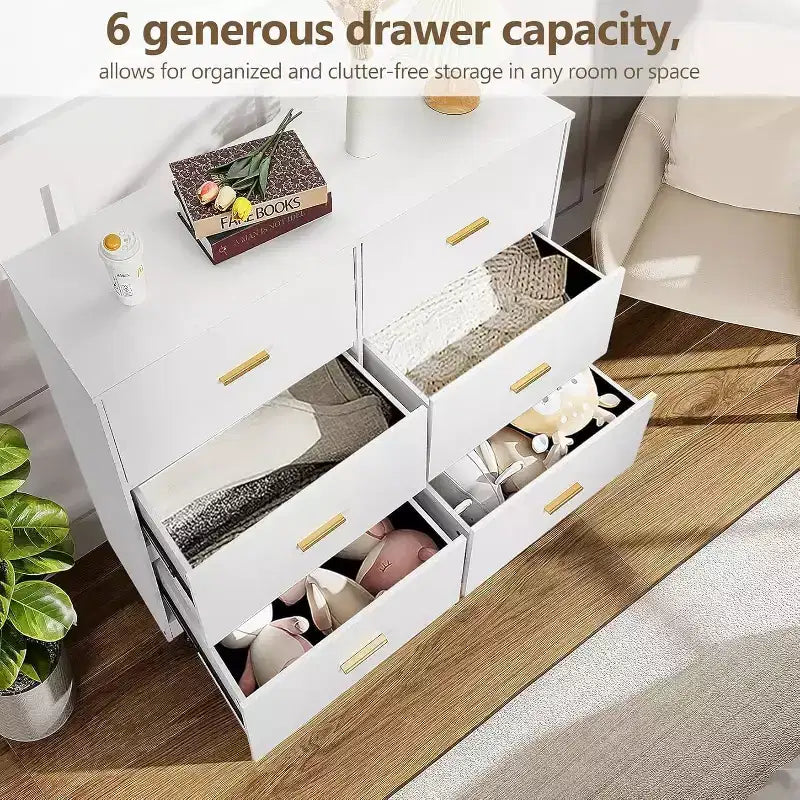 Cómoda Garvee para dormitorio con 6 cajones, cómoda con tiradores de metal, organizador de armario de madera para oficina en casa