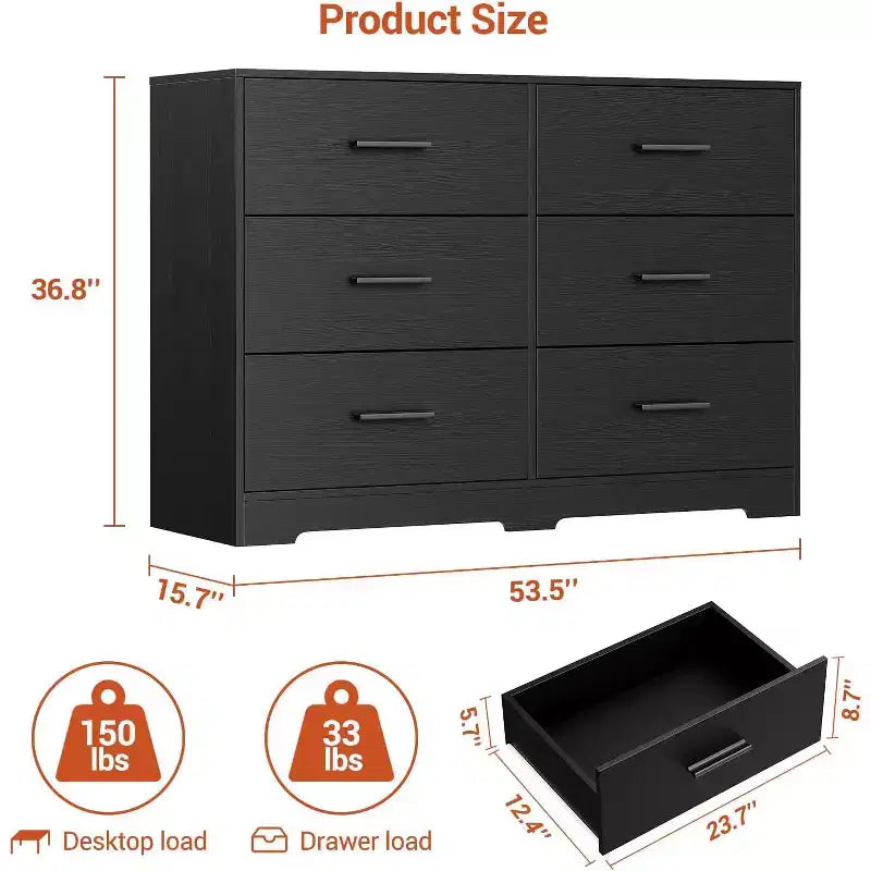 Cómoda Garvee para dormitorio con 6 cajones, cómoda con tiradores de metal, organizador de armario de madera para oficina en casa