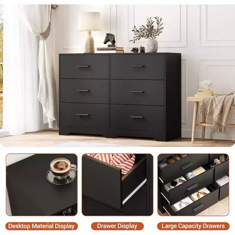 Cómoda Garvee para dormitorio con 6 cajones, cómoda con tiradores de metal, organizador de armario de madera para oficina en casa