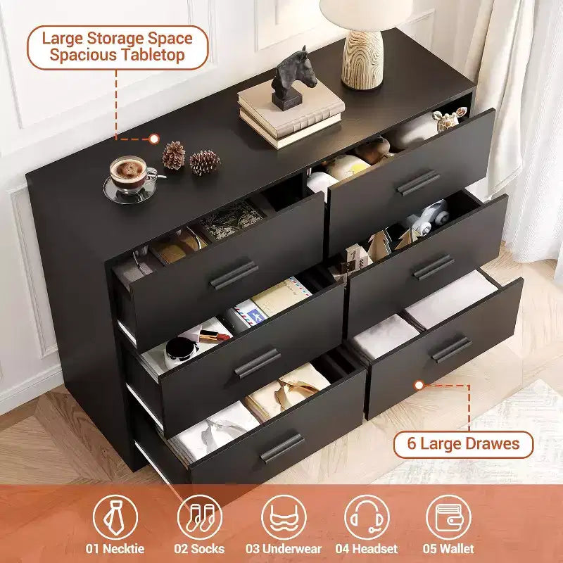 Cómoda Garvee para dormitorio con 6 cajones, cómoda con tiradores de metal, organizador de armario de madera para oficina en casa