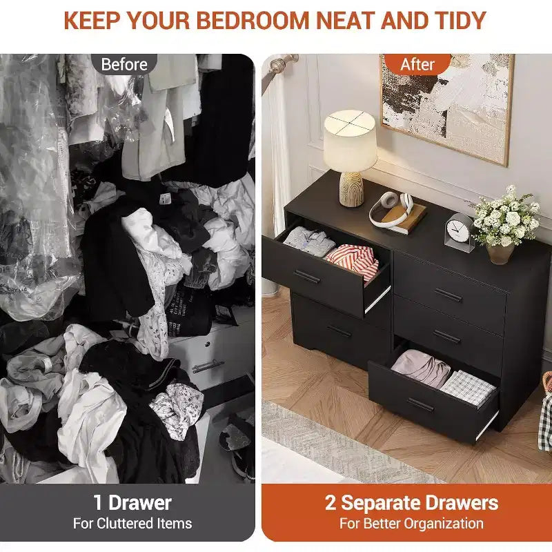 Cómoda Garvee para dormitorio con 6 cajones, cómoda con tiradores de metal, organizador de armario de madera para oficina en casa