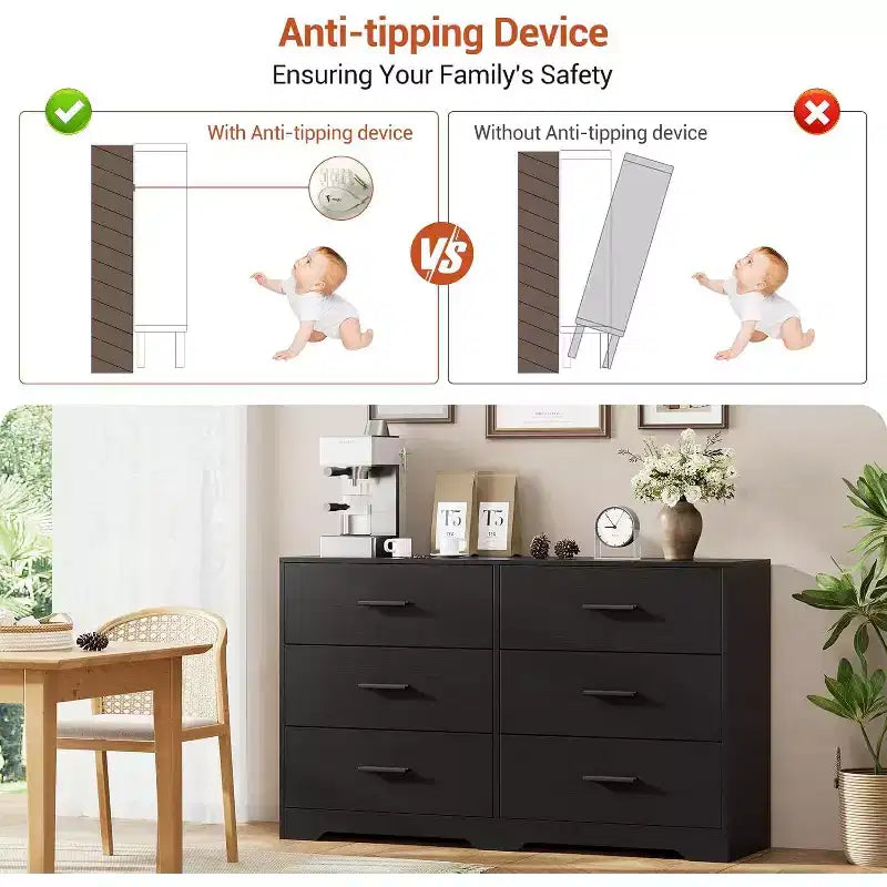 Cómoda Garvee para dormitorio con 6 cajones, cómoda con tiradores de metal, organizador de armario de madera para oficina en casa