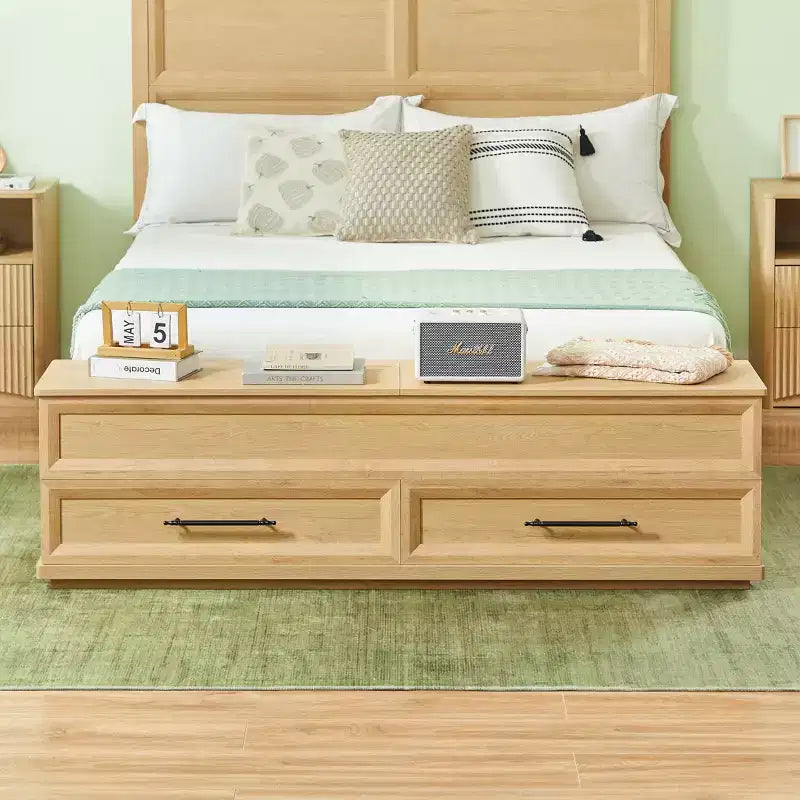 Base de Cama Plataforma Queen/King ModernLuxe con Cajones, Banco de Almacenamiento y Cabecero Geométrico 3D