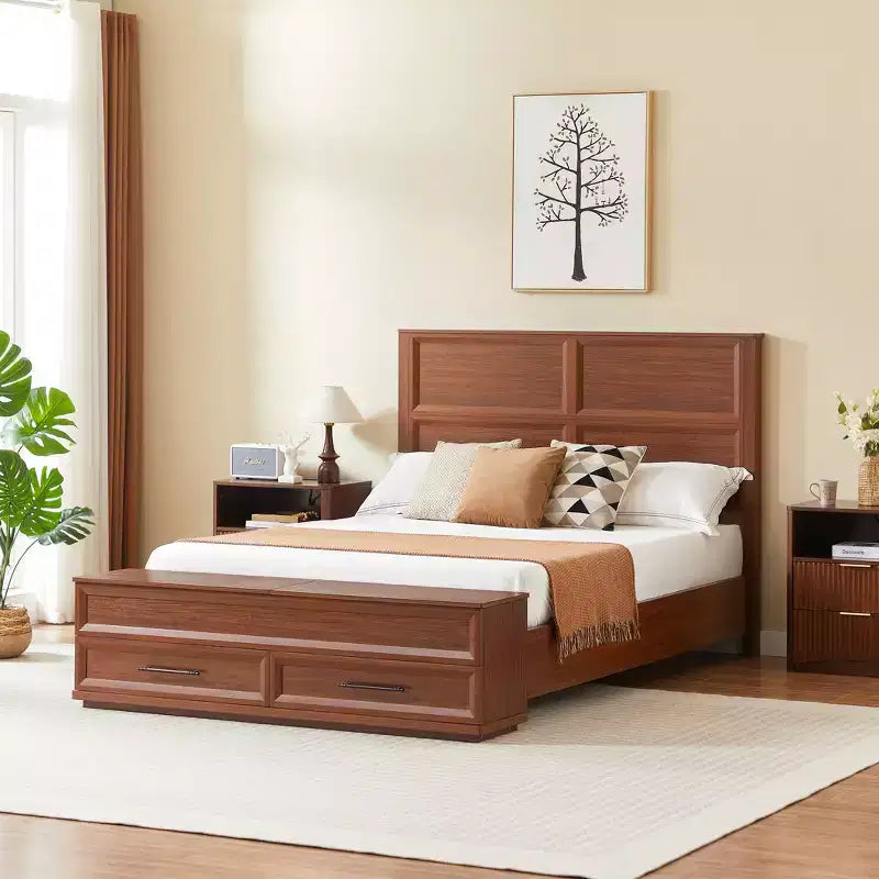 Base de Cama Plataforma Queen/King ModernLuxe con Cajones, Banco de Almacenamiento y Cabecero Geométrico 3D