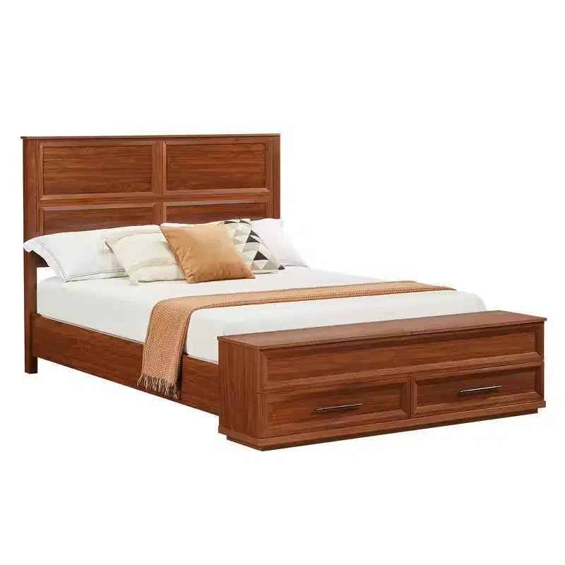 Base de Cama Plataforma Queen/King ModernLuxe con Cajones, Banco de Almacenamiento y Cabecero Geométrico 3D