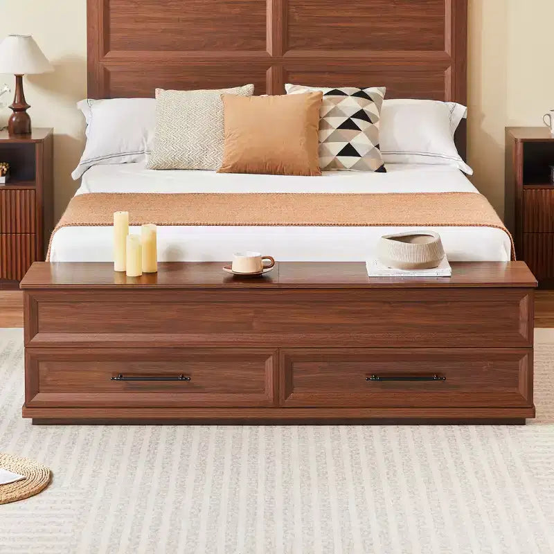 Base de Cama Plataforma Queen/King ModernLuxe con Cajones, Banco de Almacenamiento y Cabecero Geométrico 3D
