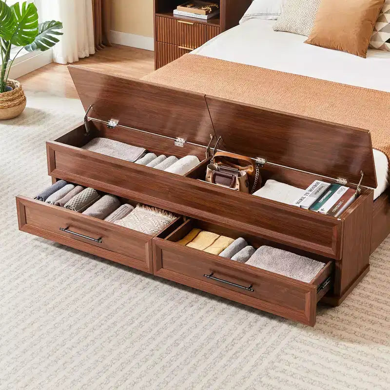Base de Cama Plataforma Queen/King ModernLuxe con Cajones, Banco de Almacenamiento y Cabecero Geométrico 3D