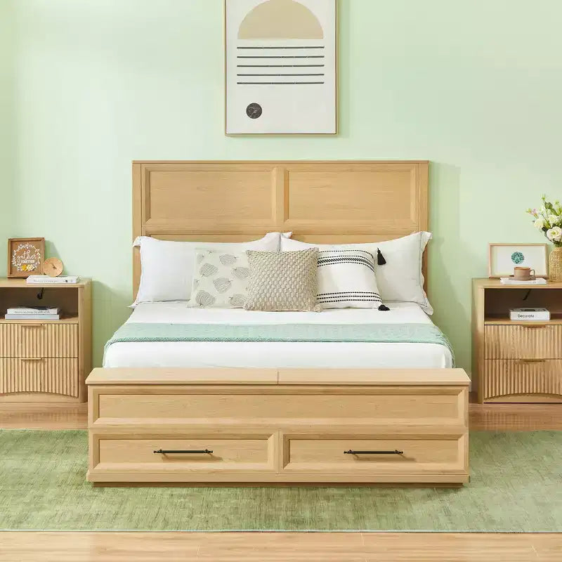 Base de Cama Plataforma Queen/King ModernLuxe con Cajones, Banco de Almacenamiento y Cabecero Geométrico 3D