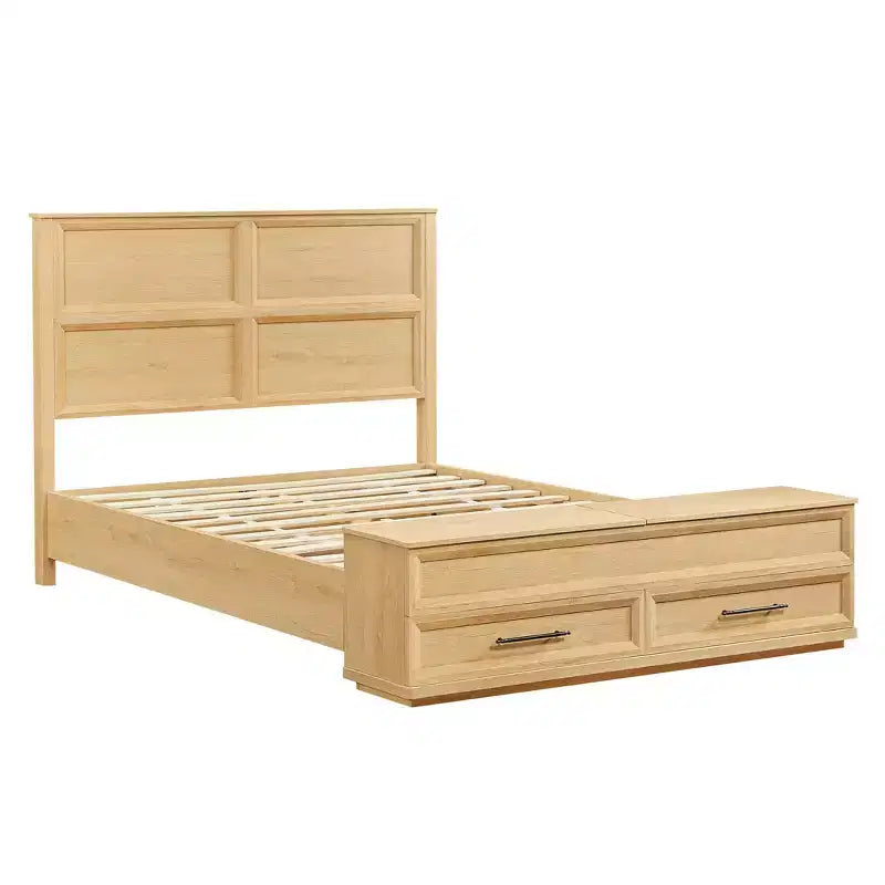Base de Cama Plataforma Queen/King ModernLuxe con Cajones, Banco de Almacenamiento y Cabecero Geométrico 3D