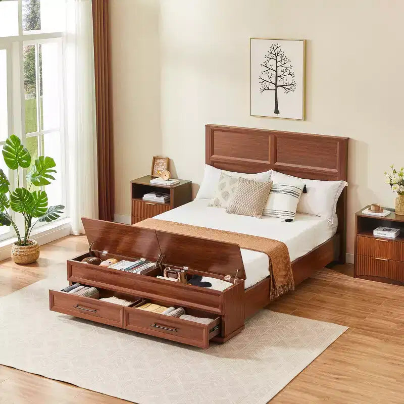 Base de Cama Plataforma Queen/King ModernLuxe con Cajones, Banco de Almacenamiento y Cabecero Geométrico 3D
