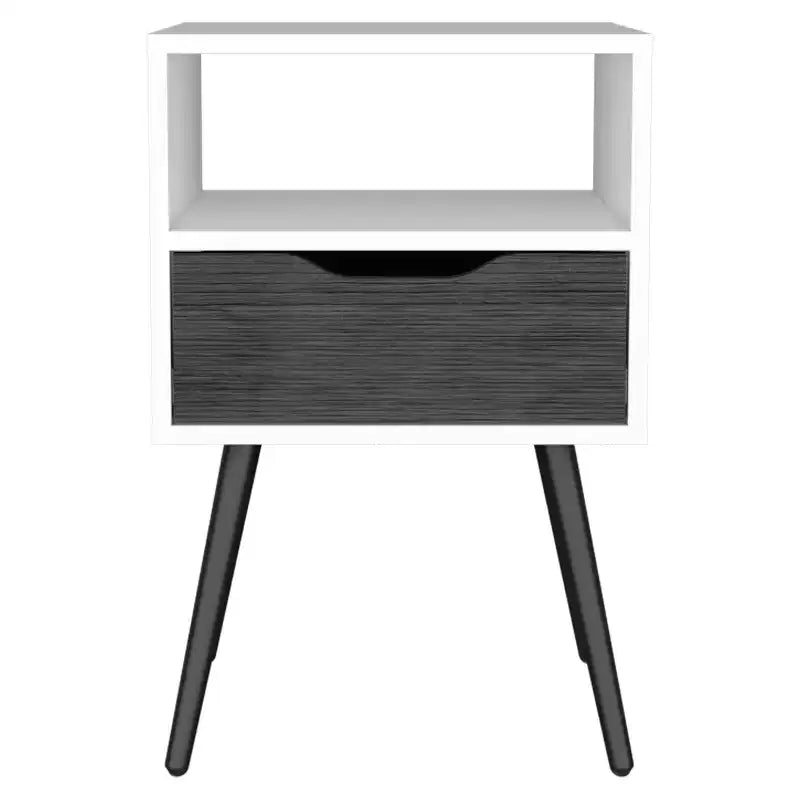 Con un diseño limpio y moderno, esta mesita de noche Fugaz con estante abierto, un solo cajón y acabado en roble ahumado/blanco ofrece almacenamiento práctico y una gran solidez.