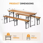 VINGLI Juego de mesas de picnic plegables de 70 pulgadas con bancos, mesa de banco de madera resistente a la intemperie para jardín de cerveza, mesa de camping portátil plegable de 3 piezas para barbacoa