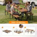 VINGLI Juego de mesas de picnic plegables de 70 pulgadas con bancos, mesa de banco de madera resistente a la intemperie para jardín de cerveza, mesa de camping portátil plegable de 3 piezas para barbacoa