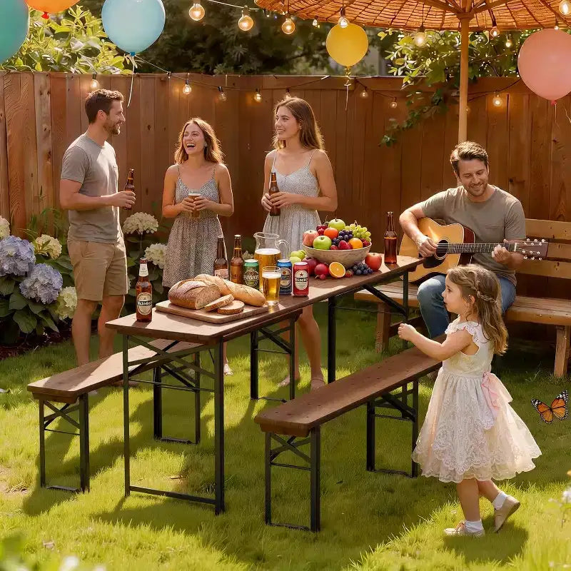 VINGLI Juego de mesas de picnic plegables de 70 pulgadas con bancos, mesa de banco de madera resistente a la intemperie para jardín de cerveza, mesa de camping portátil plegable de 3 piezas para barbacoa