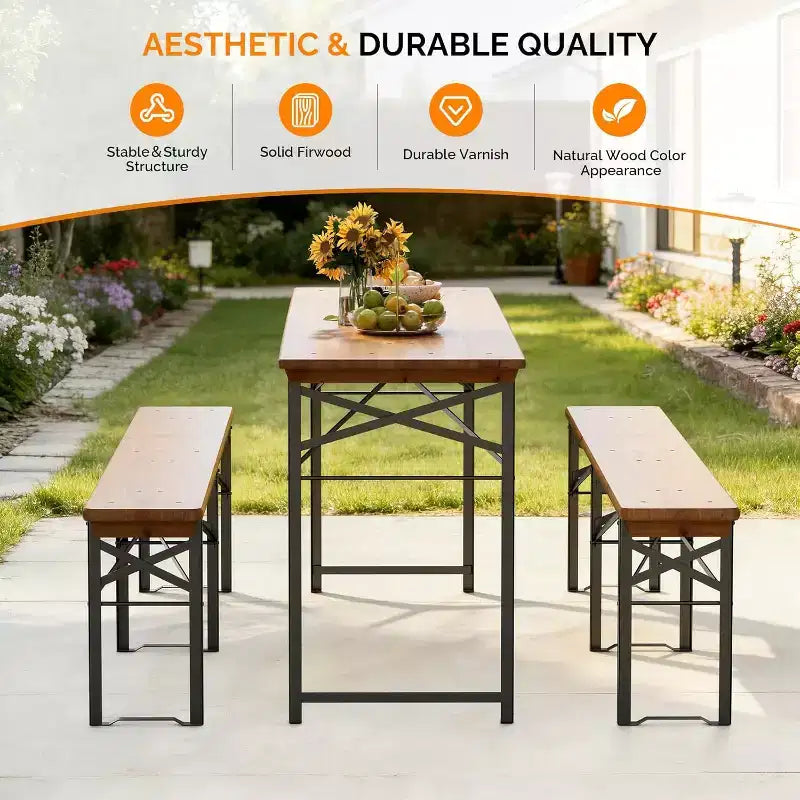 VINGLI Juego de mesas de picnic plegables de 70 pulgadas con bancos, mesa de banco de madera resistente a la intemperie para jardín de cerveza, mesa de camping portátil plegable de 3 piezas para barbacoa