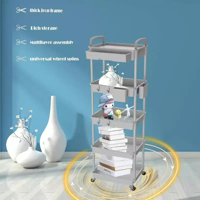 ALUCSET Carrito Organizador Rodante de 5 Niveles con Cajón, Carrito Organizador de Plástico con Ruedas, Ruedas con Bloqueo para Cocina, Baño, Oficina, Dormitorio