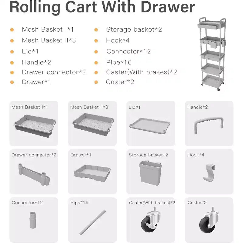 ALUCSET Carrito Organizador Rodante de 5 Niveles con Cajón, Carrito Organizador de Plástico con Ruedas, Ruedas con Bloqueo para Cocina, Baño, Oficina, Dormitorio