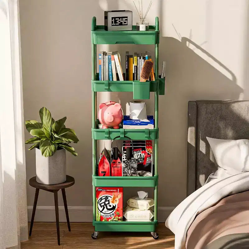 ALUCSET Carrito Organizador Rodante de 5 Niveles con Cajón, Carrito Organizador de Plástico con Ruedas, Ruedas con Bloqueo para Cocina, Baño, Oficina, Dormitorio