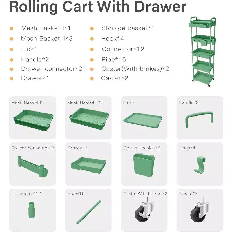 ALUCSET Carrito Organizador Rodante de 5 Niveles con Cajón, Carrito Organizador de Plástico con Ruedas, Ruedas con Bloqueo para Cocina, Baño, Oficina, Dormitorio