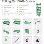 ALUCSET Carrito Organizador Rodante de 5 Niveles con Cajón, Carrito Organizador de Plástico con Ruedas, Ruedas con Bloqueo para Cocina, Baño, Oficina, Dormitorio